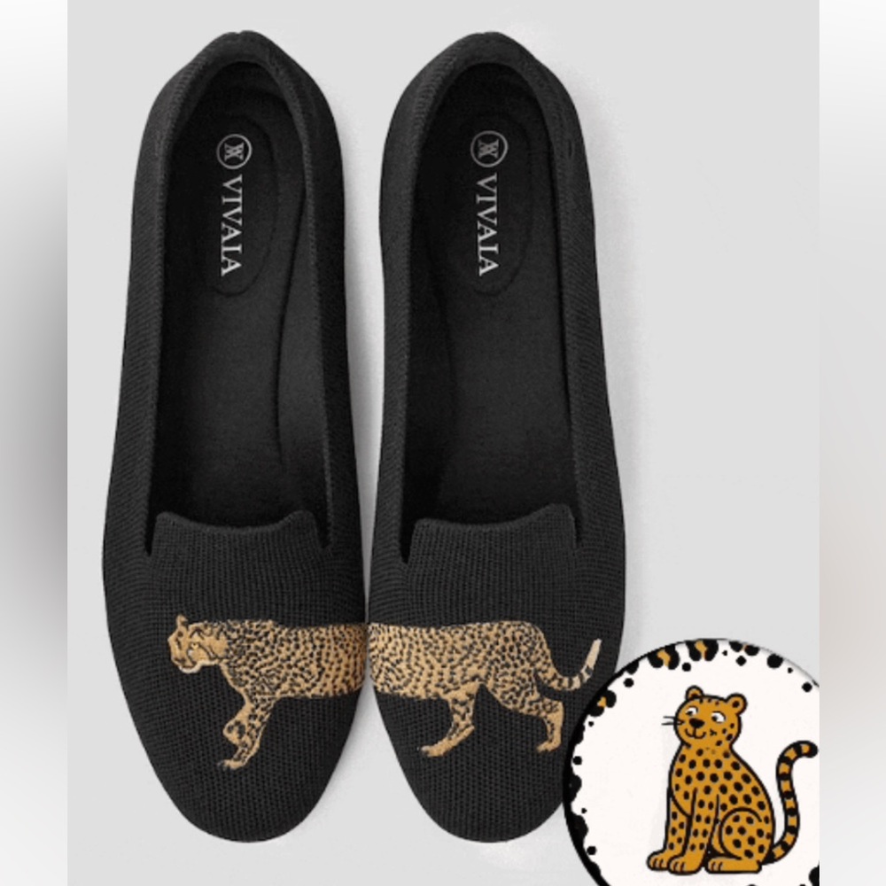 Vivaia EUR 40 / US 9 Audrey Round Toe Embroidered Loafers Black Cheetah